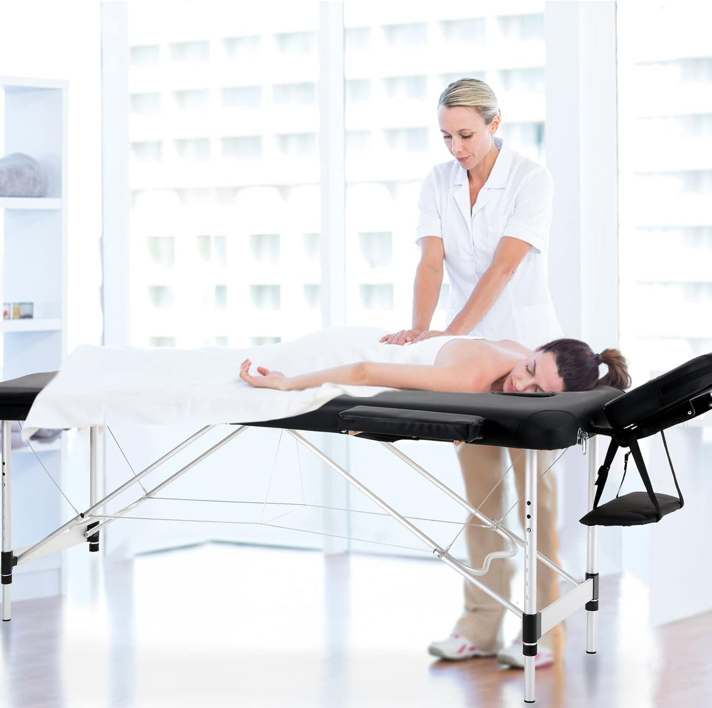 Portable Foldable Massage Bed Aluminum Frame 3 Sections Professional Spa Table (Black)