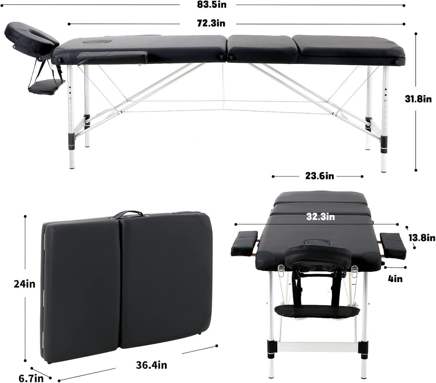 Portable Foldable Massage Bed Aluminum Frame 3 Sections Professional Spa Table (Black)