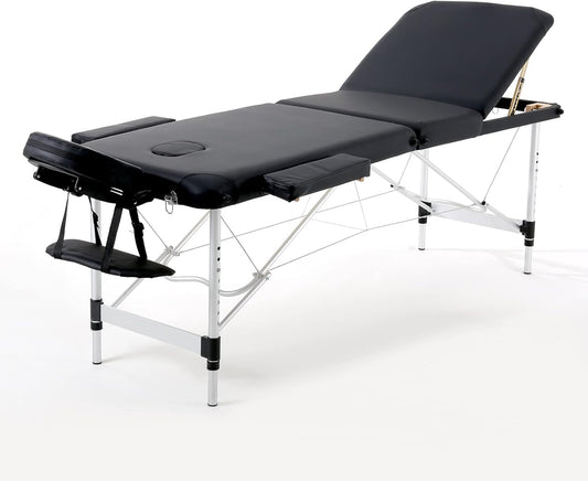 Portable Foldable Massage Bed Aluminum Frame 3 Sections Professional Spa Table (Black)