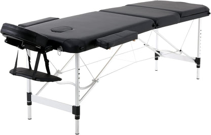 Portable Foldable Massage Bed Aluminum Frame 3 Sections Professional Spa Table (Black)
