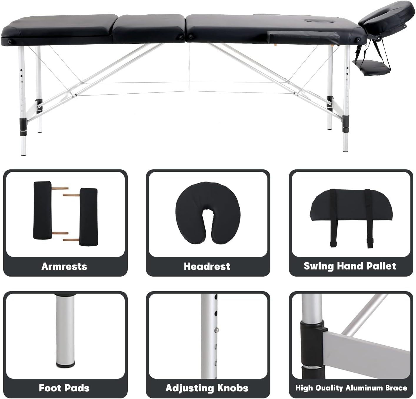 Portable Foldable Massage Bed Aluminum Frame 3 Sections Professional Spa Table (Black)