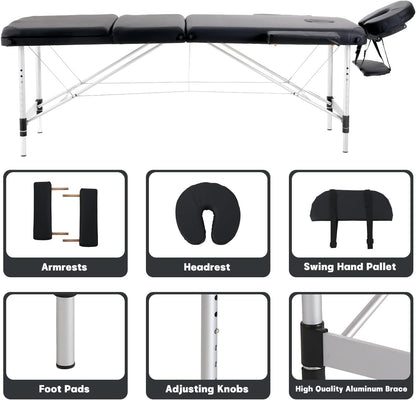 Portable Foldable Massage Bed Aluminum Frame 3 Sections Professional Spa Table (Black)
