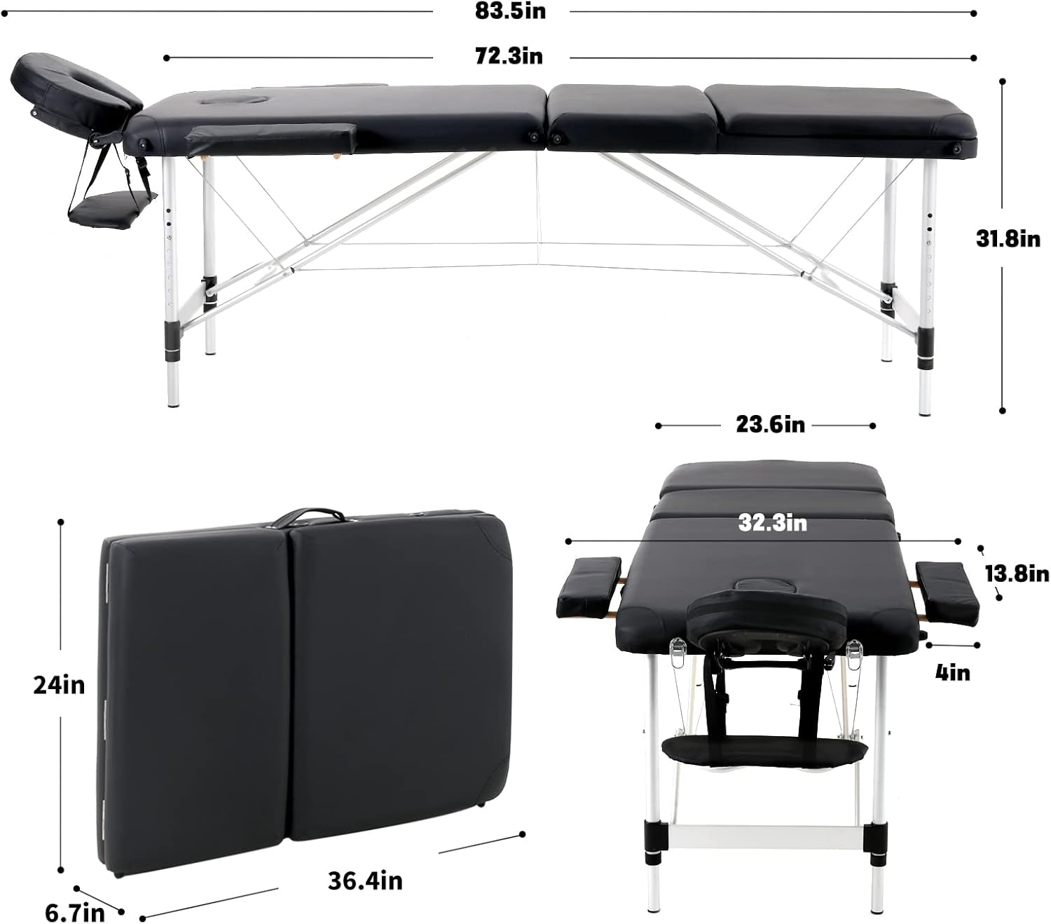 Portable Foldable Massage Bed Aluminum Frame 3 Sections Professional Spa Table (Black)