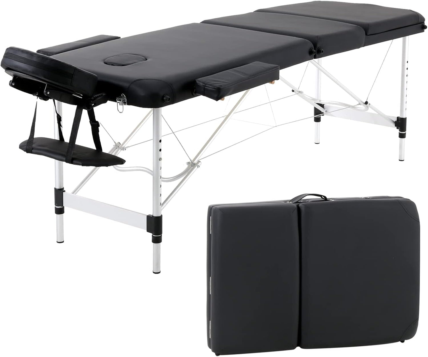 Portable Foldable Massage Bed Aluminum Frame 3 Sections Professional Spa Table (Black)